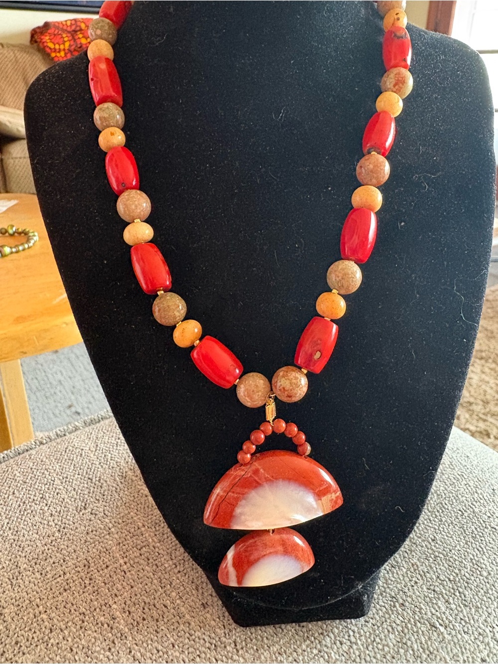 Hand Crafted Coral Beads With Carnelian Pendant Necklace - Picture 1 of 5